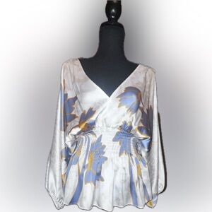 White House Black Market White and Blue Floral Top